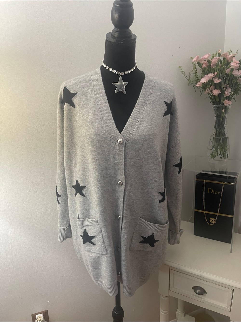 Light Grey Star Print Cardigan Sweater